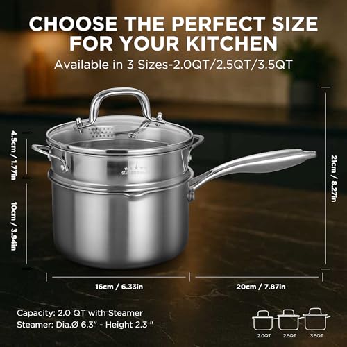 Tri Ply Stainless Steel Sauce Pan with Steamer Basket & Straining Glass Lid (2.0 QT)