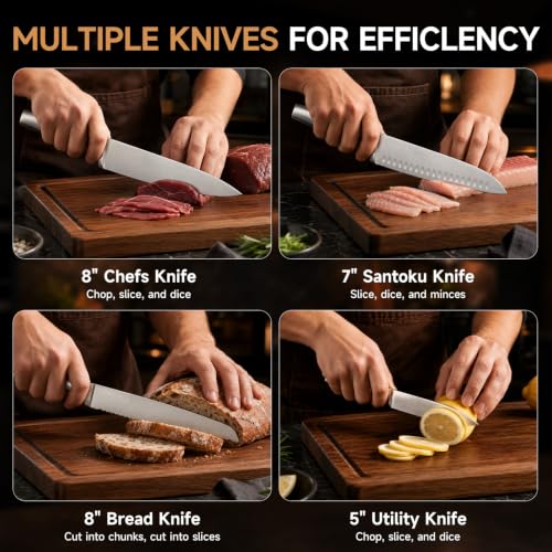 14PCS Knife Set with Block & Sharpener (Upgrade: Silver + Walnut（Built-In Sharpener）)