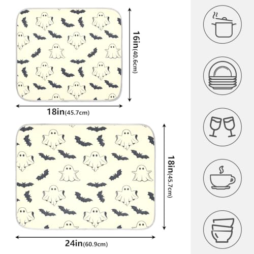 Halloween Spooky Ghost Bats Dish Drying Mat for Kitchen Counter Absorbent Microfiber Small Drying Pad Dish mats for Kitchen Countertops 16 x 18 Inch (Halloween Ghost Bats / 18" x 16")