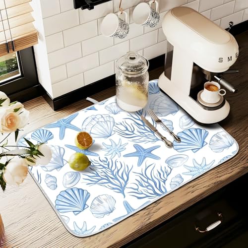Nautical Coastal Dish Drying Mat for Kitchen Counter Absorbent Microfiber Large Summer Ocean Themed Seashell Coral Starfish Drying Pad Dish Mats for Kitchen Countertops 18 x 24 Inch (24" x 18")