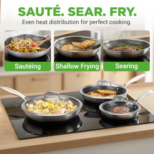 6-Piece Tri-Ply Stainless Steel Frying Pan Set – 8", 10", 12" Non-Stick Skillets with Lids, Induction Compatible, Oven Safe, Scratch-Resistant, Dishwasher Safe (6pc Set / Stainless Steel)