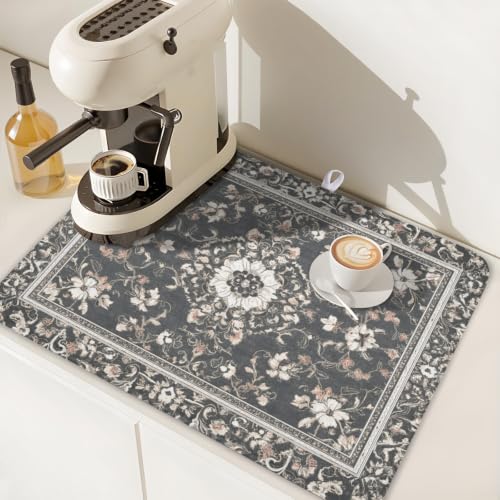 Boho Floral Dish Drying Mat Grey Leaves Dishes Drainer Pad 18x24 Inch Microfiber Absorbent Kitchen Dry Rack Mat for Counter Tableware Decor (Grey Boho Floral / 18x24 inch)