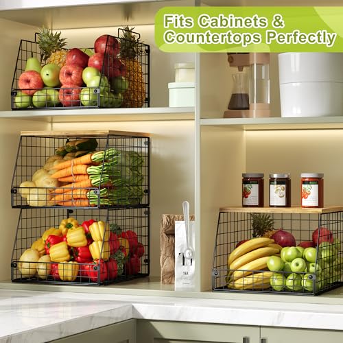 4 Pack Stackable Wire Baskets with Fixed Wooden Top (4 Pack with Wooden Top—Narrow 11.8"W x 15.4" D)