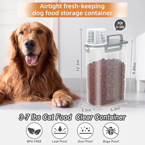 3-5Lbs/3Qt Dog Cat Food Storage Container With Foldable Bowl., Plastic Pet Food Dispenser for Small Animal Kibble/Pet Food/Bird Seed/Oatmeal/Rice/Flour/Brown Sugart/Cereals (Clear Grey) (Clear Grey / 3L-1pack)