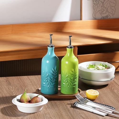 Sweejar Ceramic Olive Oil Dispenser Bottle (Gradient Blue Gradient Green / 20 oz, Set of 2)