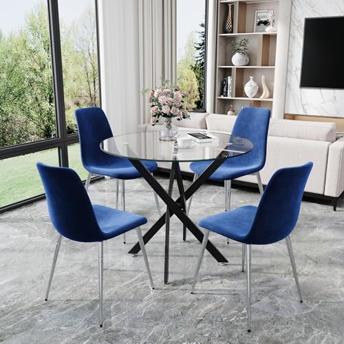 36” Round Glass Dining Table Set for 4 (Black Round Table/Blue Velvet Chairs / 5 Pieces)