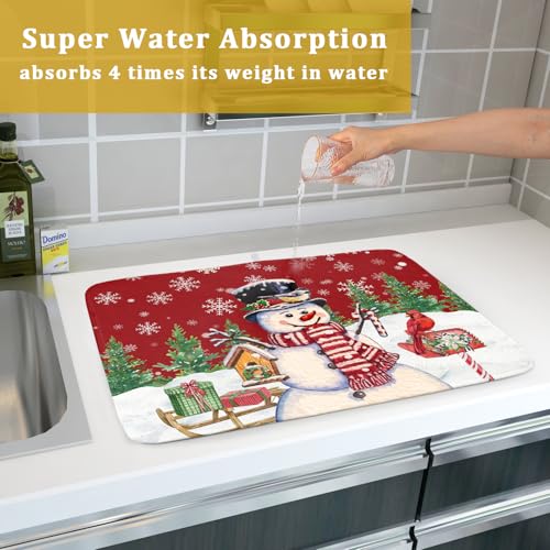 Winter Snowman Dish Drying Mat Red Bird Microfiber Dish Pad 18x24 Inch Absorbent Fast Dry Dishes Draining Mats Holiday Kitchen Accessories (Red Winter Snowman / 18" x 24")