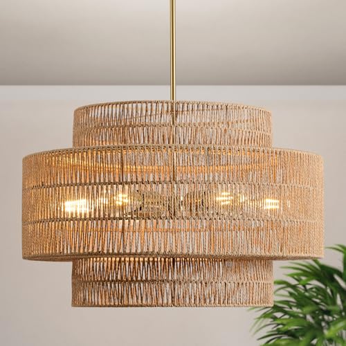 24" Rattan Chandelier for Dining Room (Brown / 24" 6-Light)