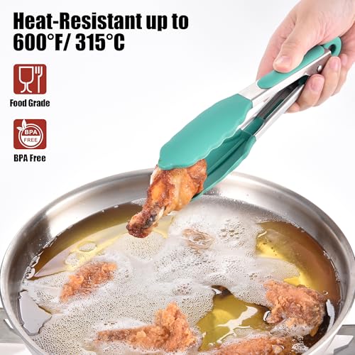 Kitchen Tongs with Silicone Tips for Cooking Serving (7in / Aqua Sky)