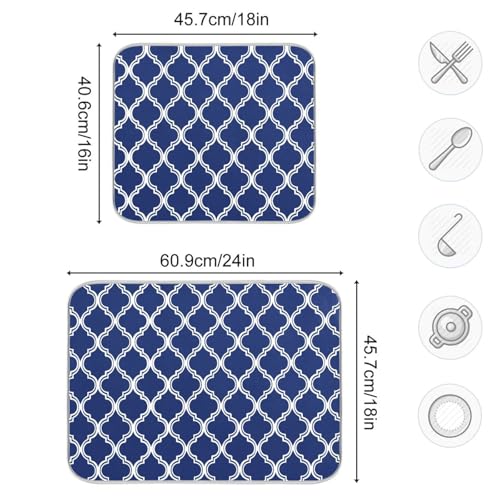 Navy Blue Trellis Lattice Dish Drying Mat for Kitchen Counter Absorbent Microfiber Drying Pad (18" x 24")