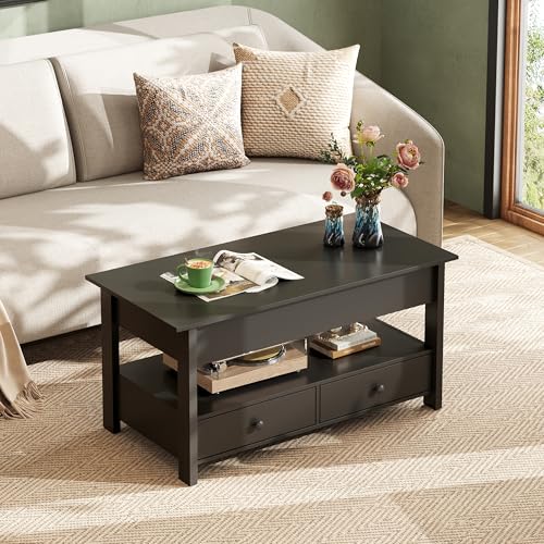 Lift Top Coffee Table with 2 Drawers (Rustic Black / 39" with Drawer)