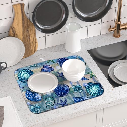 Starfish Seashell Dish Drying Mat 16x18 inch Coastal Beach Dish Drainer Rack Pad Absorbent Microfiber Fast Dry Kitchen Counter Accessories (Starfish Seashell / 16" x 18")