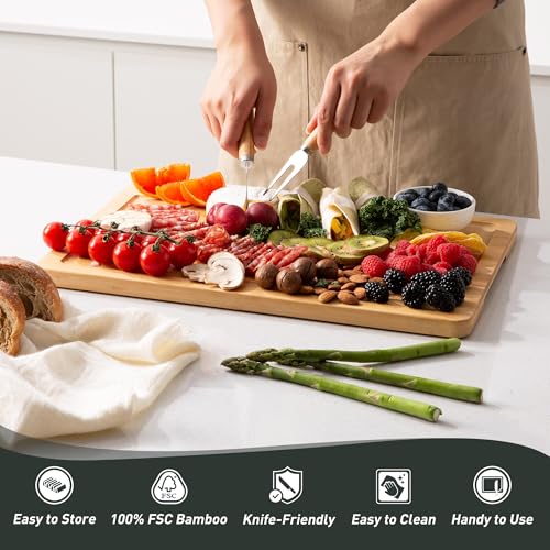 5 Packs Bamboo Cutting Board Set with Non Slip Feet Holder and Over Sink Nice Solid Thick Wood Juice Groove Chopping Board Small Big Xl XXl xlarge Oversized Kitchen Counter Organic Vegetable Meat Kit (5 Pack with Holder / Natural)