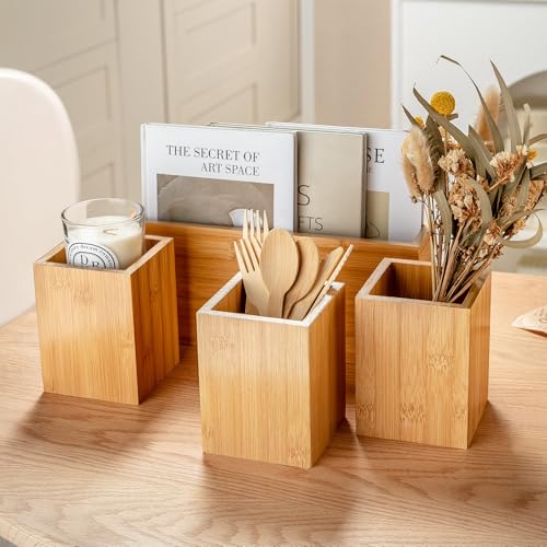 Silverware Caddy Wood Utensil Holder Paper Plate Dispenser Silverware Utensil Caddy Cutlery Flatware Organizer Box for Spoons Forks Plates Napkins