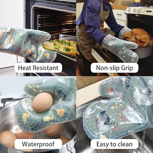 Oven Mitts with Transparent Clear Silicone Shell and Nice Duck Printing (Oven mitts / Wathet Blue)