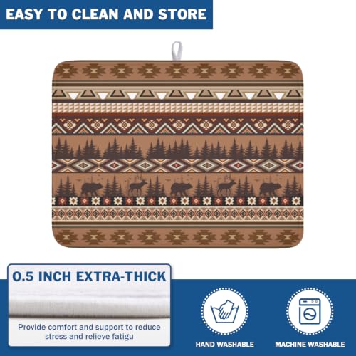 Rustic Bear Deer Dish Drying Mat Boho Ethnic Drainer Rack Pad 18x24 Inch Microfiber Absorbent Dish Sink Mat for Counter Kitchen Tableware (Rustic Bear Deer / 18x24 inch)