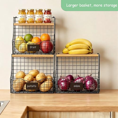 3 Pack wire Fruit Basket for Kitchen with Wood Lid (L-Black)
