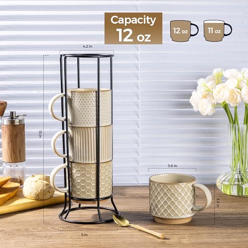 12 OZ Stackable Coffee Mugs Set of 4 (Pale Khaki / 12oz (With Stand))