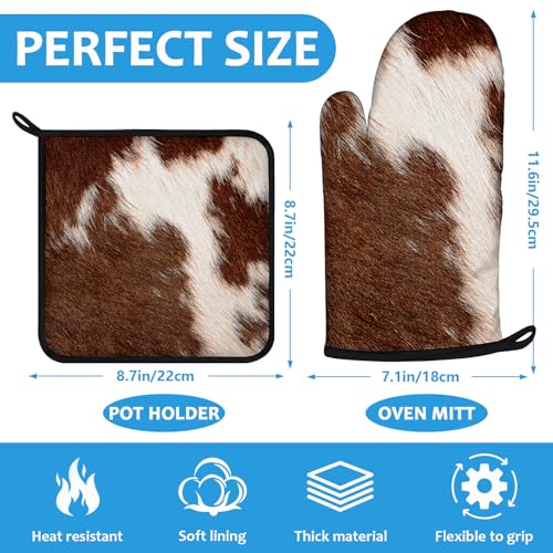 Brown Cow Print Oven Mitts and Pot Holders Sets Heat Resistant 4Pcs Potholders Oven Gloves Hot Pads for Kitchen Baking Cooking Grilling BBQ (Brown Cow Print)