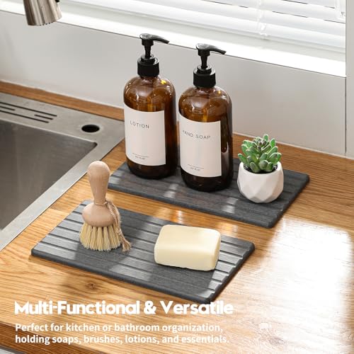 2PCS Water Absorbing Stone Drying Tray Mat for Bathroom Sink & Kitchen Counter Organizer (2 Pack - Charcoal Gray / 10"x 6")
