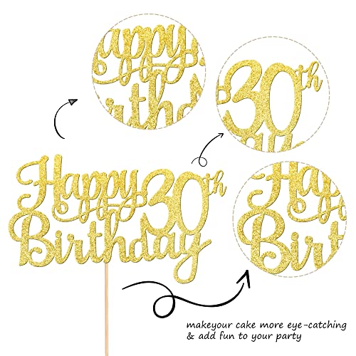 1 PCS Happy 30th Birthday Cake Topper Gold Glitter Cheers to 30 Years Birthday Cake Pick 30 Fabulous Cake Decoration for Happy 30th Birthday Anniversary Party Decorations Supplies (Gold / 30th)
