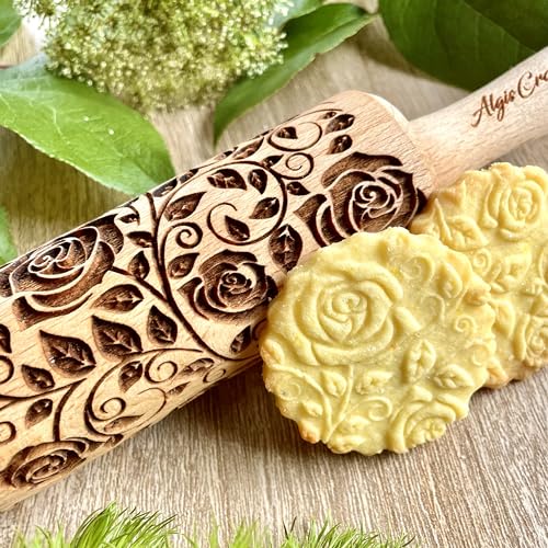 GARDEN BLOSSOMS 3 Small Size Embossed Rolling Pin Set. Wooden Laser Engraved Embossing Dough Roller for Embossed Cookies Gift for Birthday