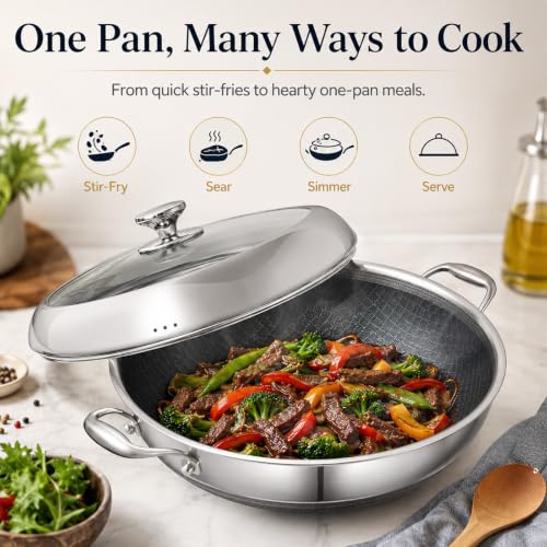 14 Inch Stainless Steel Nonstick Wok Pan with Lid 6Qt Pot (14 Inch/Double Handle)