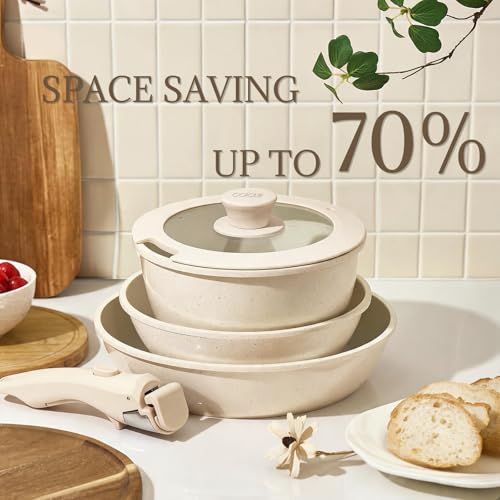 Ceramic Cookware Set Non Stick 8Pcs Pots and Pans Set Detachable Handle Induction Kitchen Cooking Set with Frying Pans Oven Dishwasher Safe (Cream White)