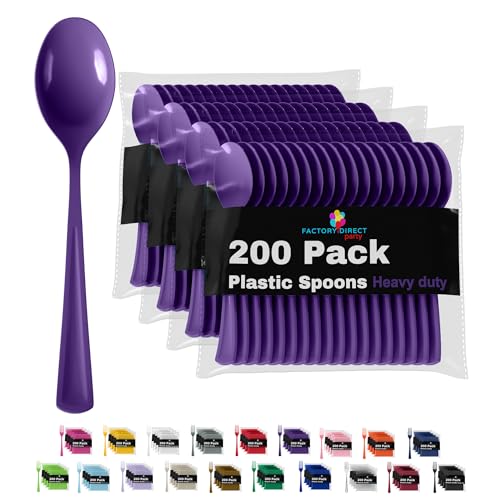 Party Solids Purple Plastic Spoons 200 Pieces Purple Spoons Disposable Utensils Heavy Duty Plastic Cutlery Set Disposable Cutlery Sets Flatware Sets Silverware Set Party Supplies & Party Tableware (Purple / Spoons)