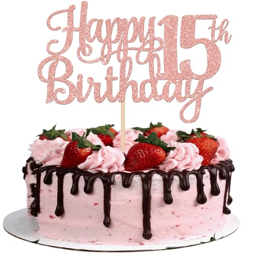 1 PCS Happy 15th Birthday Cake Topper Glitter Cheers to 15 Years Birthday Cake Pick Mis Quince 15 Fabulous Cake Decoration for Happy 15th Birthday Theme Party Decorations Supplies Rose Gold (Rose Gold / 15th)