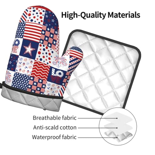 4th of July Patriotic Oven Mitts and Pot Holder Set of 2 Independence Day Heat Resistant Kitchen Gloves Hot Pads for Cooking Grilling BBQ (Patriotic Flag)