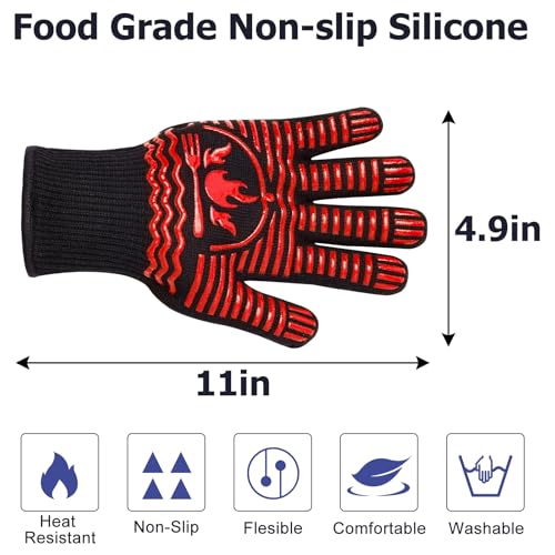 BBQ Gloves 1472°F Extreme Heat Resistant Grill Gloves (Red / 11inch)