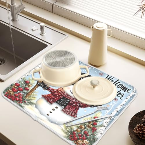 Winter Snowman Christmas Dish Drying Mat for Kitchen Counter Absorbent Microfiber Large Drying Pad Dish mats for Kitchen Countertops 18 x 24 Inch (Winter Snowman / 24" x 18")