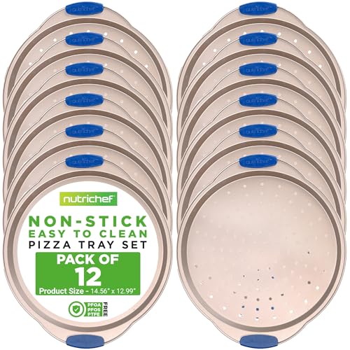 13-Inch Non-Stick Pizza Tray with Silicone Handle - Perforated Carbon Steel, Dishwasher Safe, PFOA Free - Champagne Gold - 12 Pack (Champagne Gold / 12 Pack)