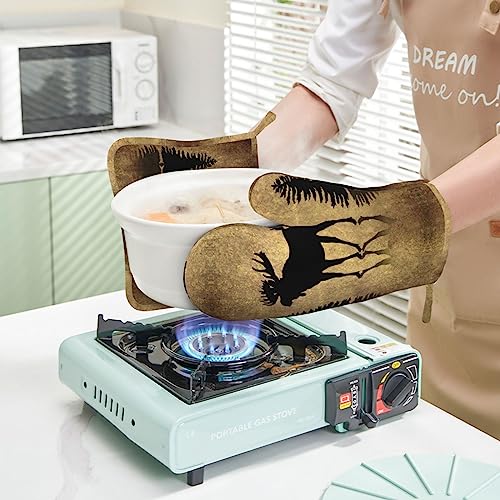 Rustic Elk Moose Deer Forest Pine Tree Moon Design Oven Mitts and Pot Holders Sets Silicone Moose Kitchen Mitts Potholders Heat Resistant 4Pcs Moose Oven Gloves Hot Pads for Kitchen (Vintage Moose)