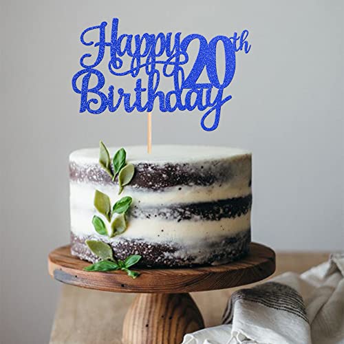 1 PCS Happy 20th Birthday Cake Topper Glitter Cheers to 20 Years Birthday Cake Pick Twenty 20 Fabulous Cake Decoration for Happy 20th Birthday Theme Party Decorations Supplies Blue (Blue / 20th)