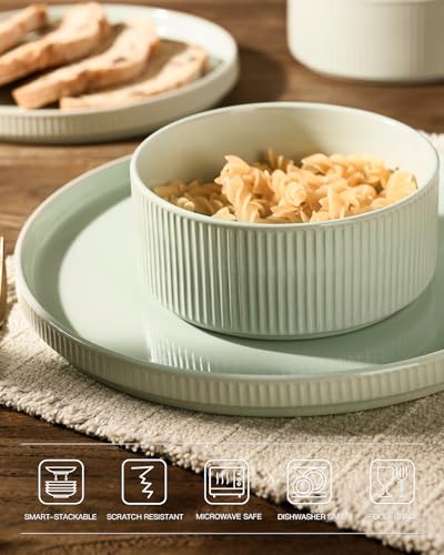 Star Stoneware Dinnerware Sets with Pasta Bowls (Light Green / Service for 4 - Double Bowls)
