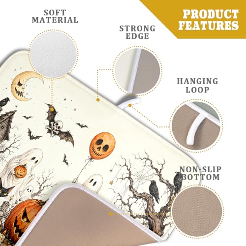 Halloween Pumpkin Ghost Dish Drying Mat Black Cat Microfiber Dishes Pad 16x18 Inch Holiday Dish Drainer Rack Mats for Kitchen Counter Sink (Pumpkin Ghost / 16x18 inch)