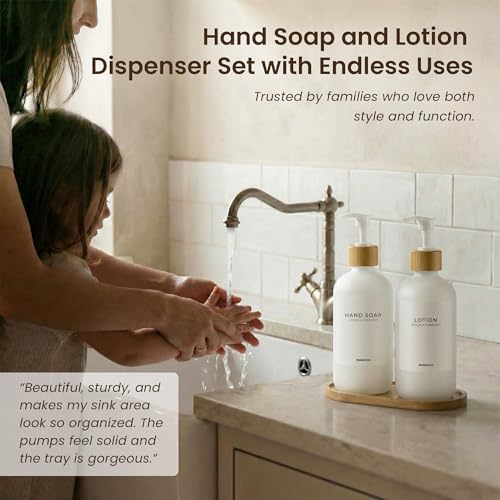 Soap Dispenser Set (White Bottles White Bamboo Pumps)