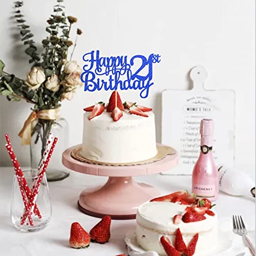 1 PCS Happy 21st Birthday Cake Topper Glitter Cheers to 21 Years Cake Pick 21 Fabulous Cake Decoration for 21st Birthday Theme Party Decorations Supplies Blue (Blue / 21st)