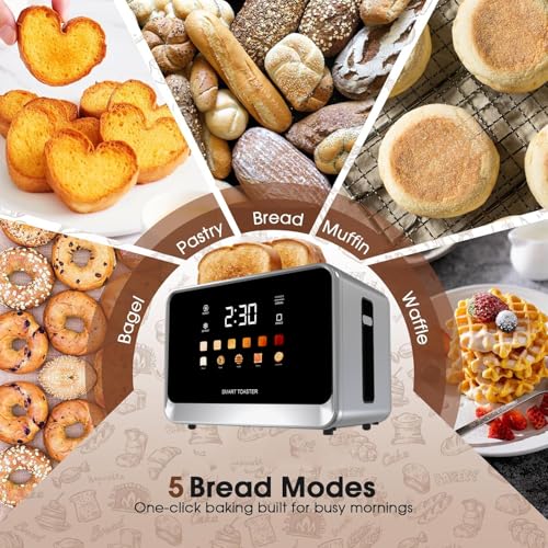 Toaster Touch Screen Toaster 2 Slice with LCD Display Stainless Steel Digital Timer Toasters 6 Bread Types& 6 Shade Settings Smart Extra Wide Slots Tostadora With Bagel Cancel (Clear)