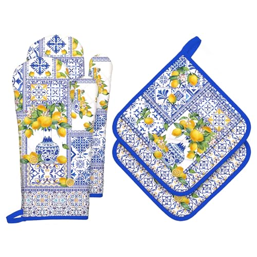 Yellow Lemon Oven Mitts and Pot Holders Set (Lemon 2 / Oven Mitt x2 & Pot Holder x2)