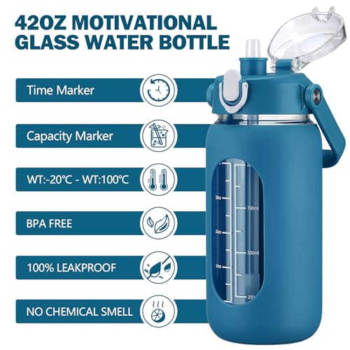 42oz Glass Water Bottles with Straw (Iron Blue / 42 Ounces)