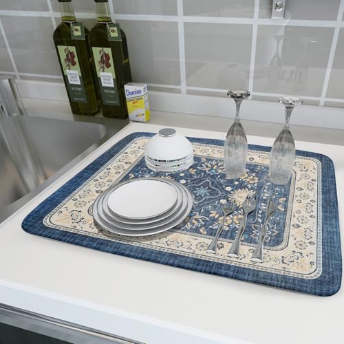 Blue Boho Dish Drying Mat for Kitchen Counter 18x24 Inch Fast Dry Drying Pad Vintage Floral Dish Drainer Rack Mats Coffee Bar Accessories (Blue Boho / 18 x 24 inch)