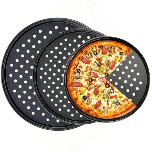 9.5,10,11''Pizza Pan for oven, Round Nonstick Pizza Pans with Holes, Carbon Steel Pizza Baking Tray for Home Kitchen 3 Pack (9.5,10,11 Inch Pizza Pan (3 Piece))