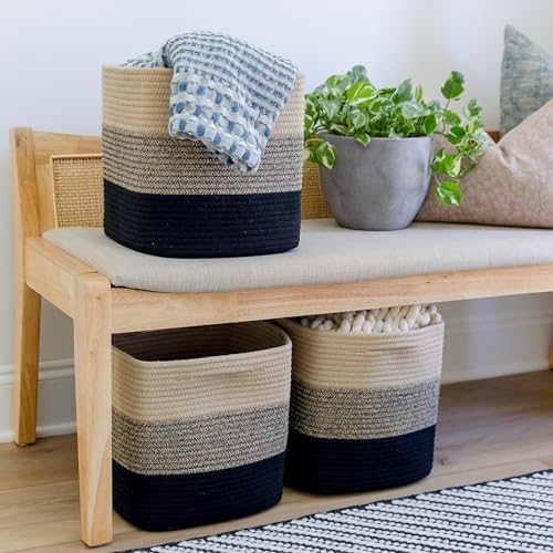Storage Cubes 11 Inch Cotton Rope Woven Baskets for Organizing (3-Tone Black & Tan Brown)