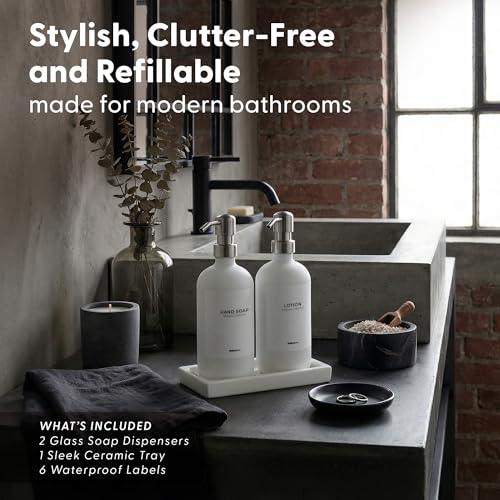 Bathroom Soap Dispenser Set (White Bottles Silver Pumps)