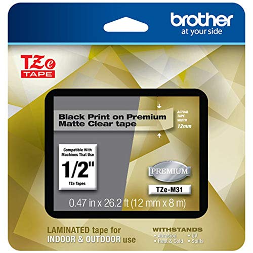 P-Touch TZe-M31 Black Print on Premium Matte Clear Laminated Tape 12mm (0.47”) Wide x 8m (26.2’) Long, TZEM31 (Black on Premium Matte Clear / 12mm (0.47”) / Pack of 1)