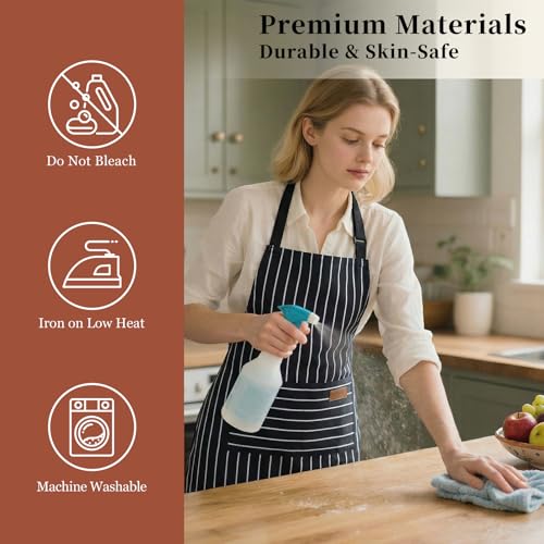 2 Pack Cooking Aprons Adjustable Bib Apron for Women with 2 Pockets (Black/Black Stripes)