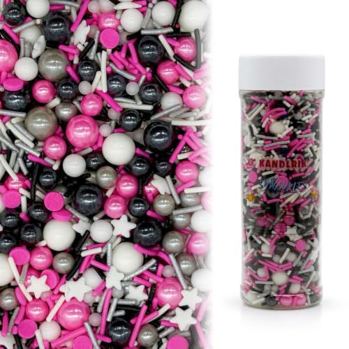 Silver & Black & Pink & White Sprinkles Mix Size Pearls Mouse Rock Themed Cake Decorations Cupcake Toppers Perfect for Wedding Valentine Supplies 4.58OZ (Silver&Black& Pink&White)